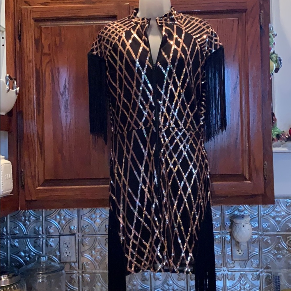 New Rosegold sequined black dress with tassels Lg